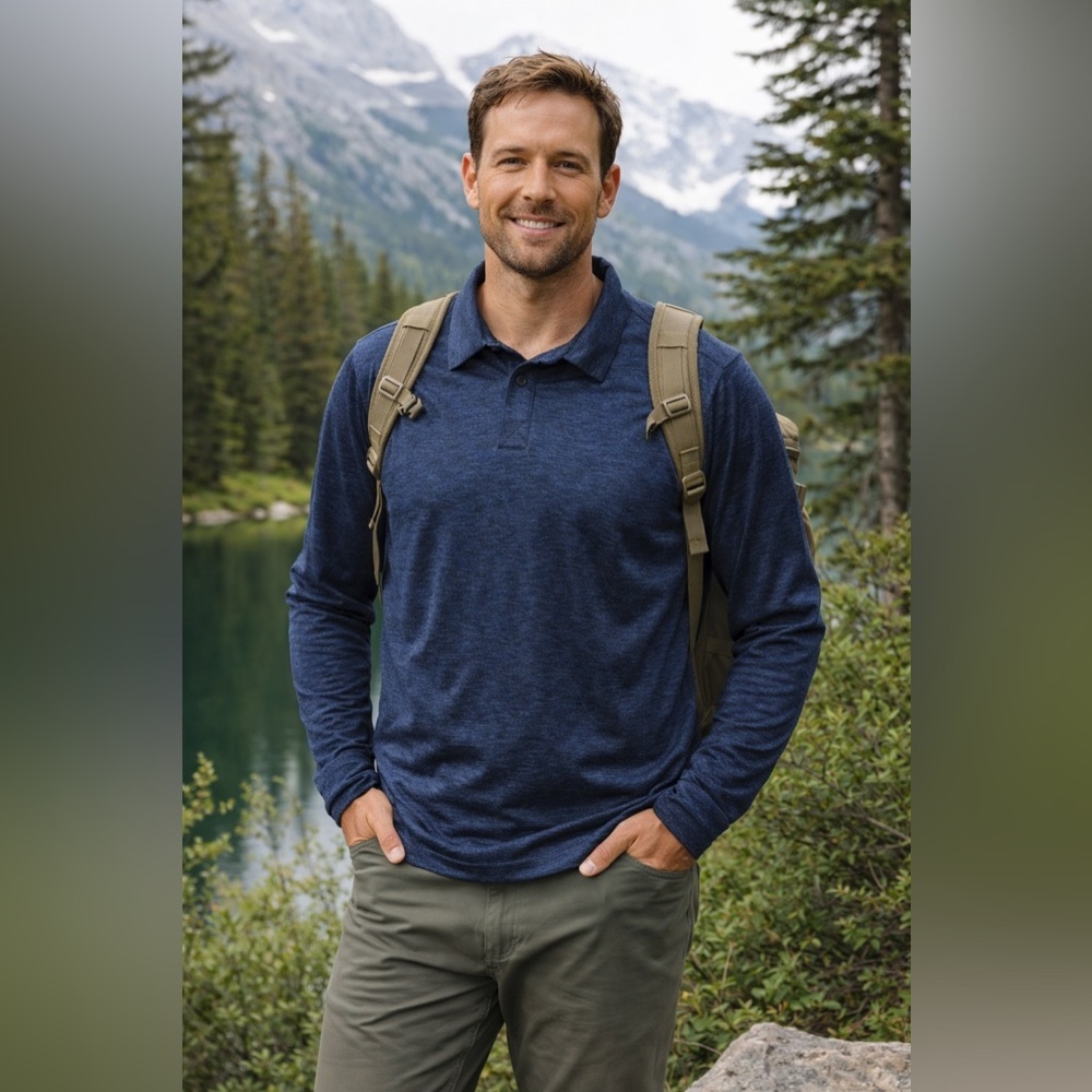 L.L. Bean Men's Ultralight Long Sleeve Adventure Polo in Navy Night Size Large